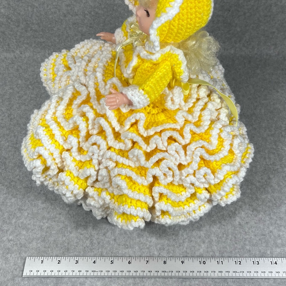 Vintage Bed Doll 13”‎ Handmade Crochet Yellow White Dress Bonnet Sleepy Eyes - Picture 14 of 16